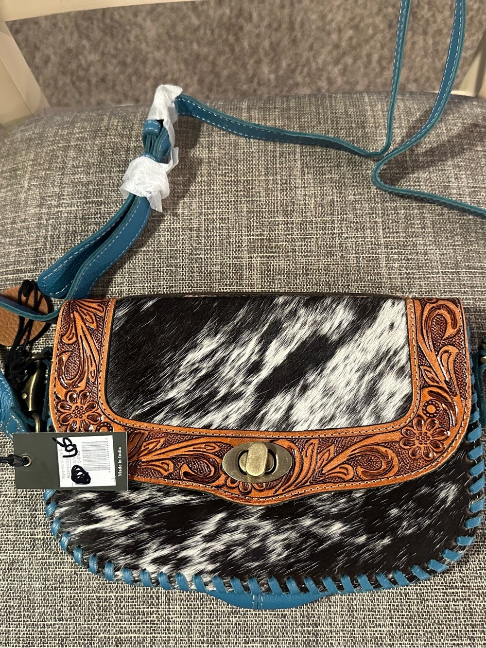 Myra Bag Black White Cowhide Crossbody with Turquoise Trim - Picture 2 of 3